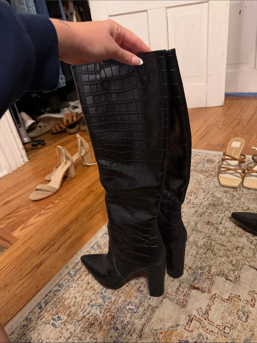 Marc Fisher Black Croc-Embossed Over-the-Knee Pointed Toe Boots